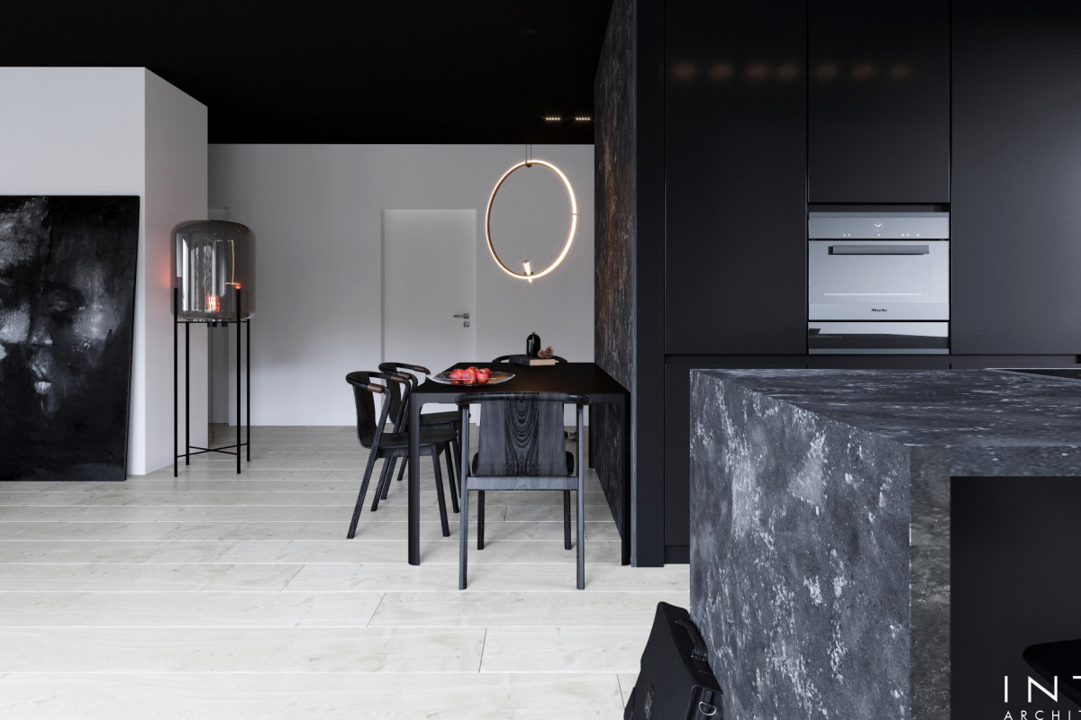 Wnętrza domu w Gdańsku z czarnym sufitem – nowoczesny projekt 360 m²