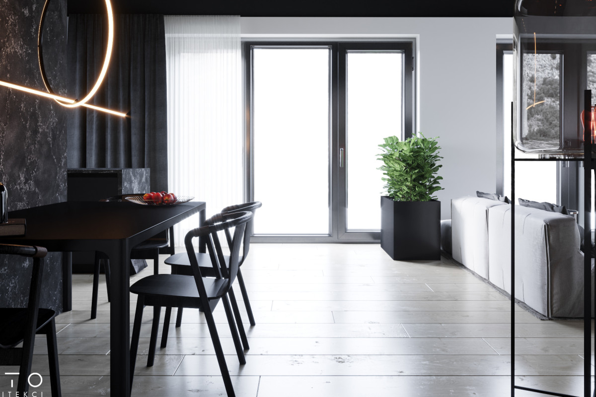 Wnętrza domu w Gdańsku z czarnym sufitem – nowoczesny projekt 360 m²