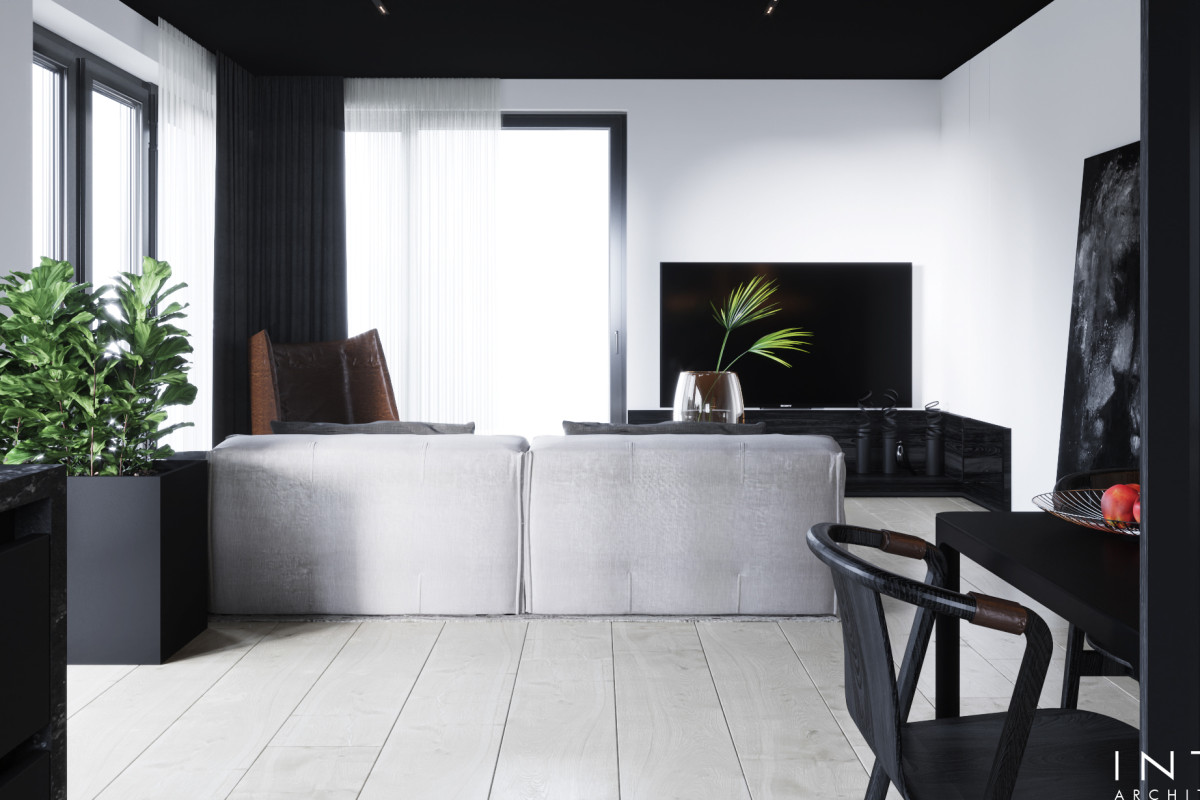 Wnętrza domu w Gdańsku z czarnym sufitem – nowoczesny projekt 360 m²