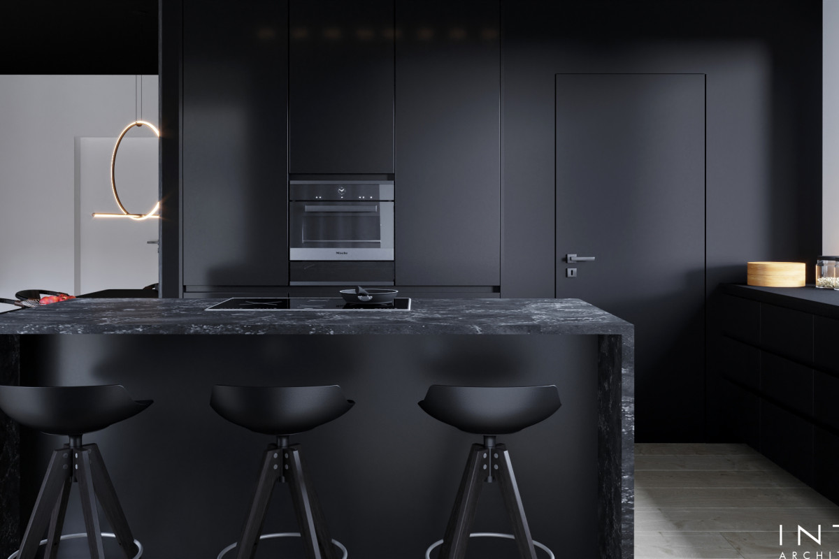 Wnętrza domu w Gdańsku z czarnym sufitem – nowoczesny projekt 360 m²