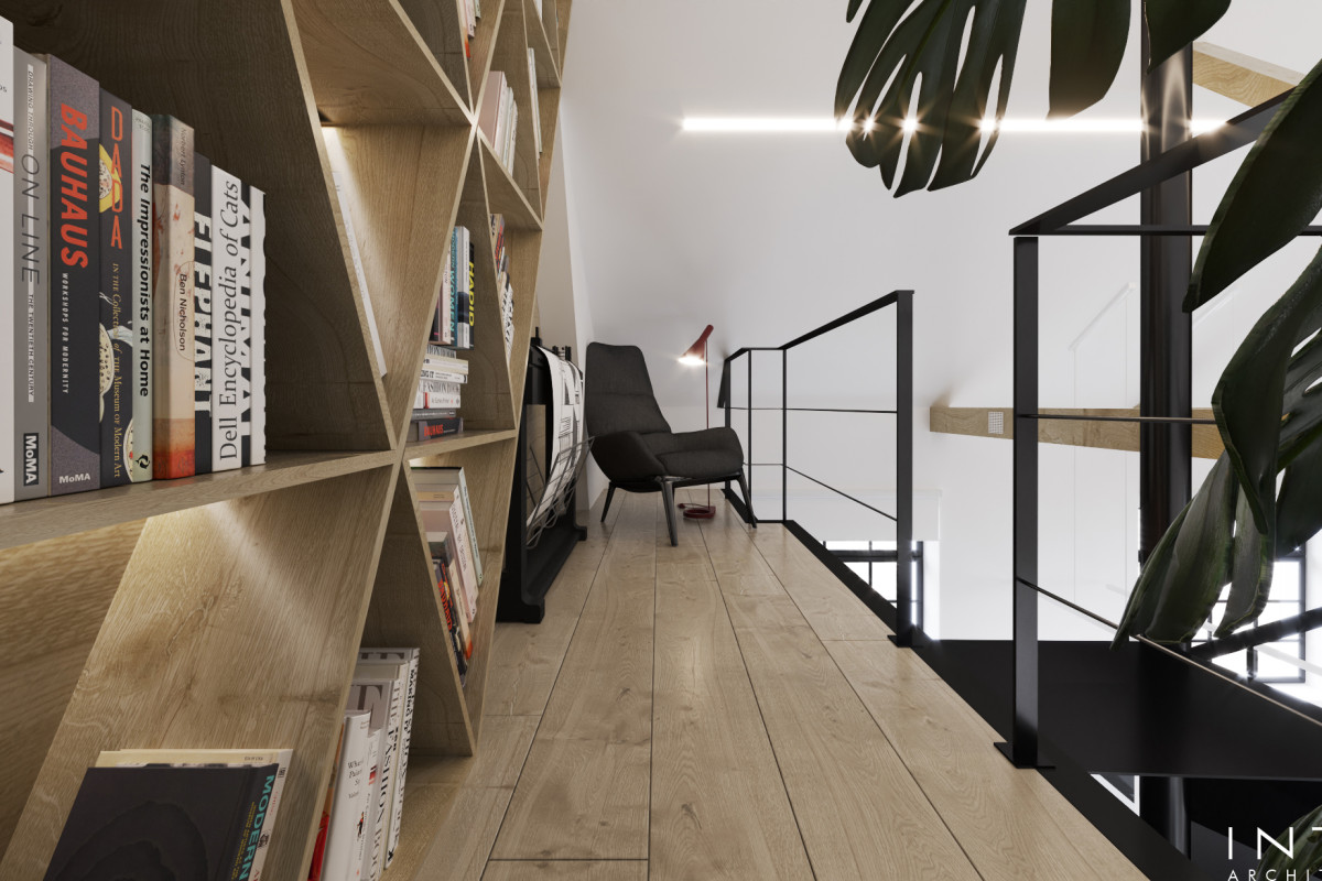 Projekt kameralnego biura z antresolą w Poznaniu – nowoczesne wnętrze 80 m²