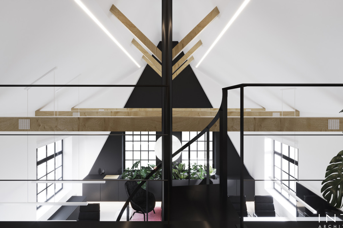 Projekt kameralnego biura z antresolą w Poznaniu – nowoczesne wnętrze 80 m²