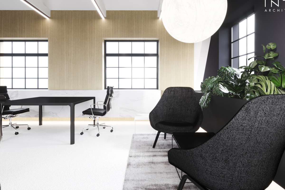 Projekt kameralnego biura z antresolą w Poznaniu – nowoczesne wnętrze 80 m²