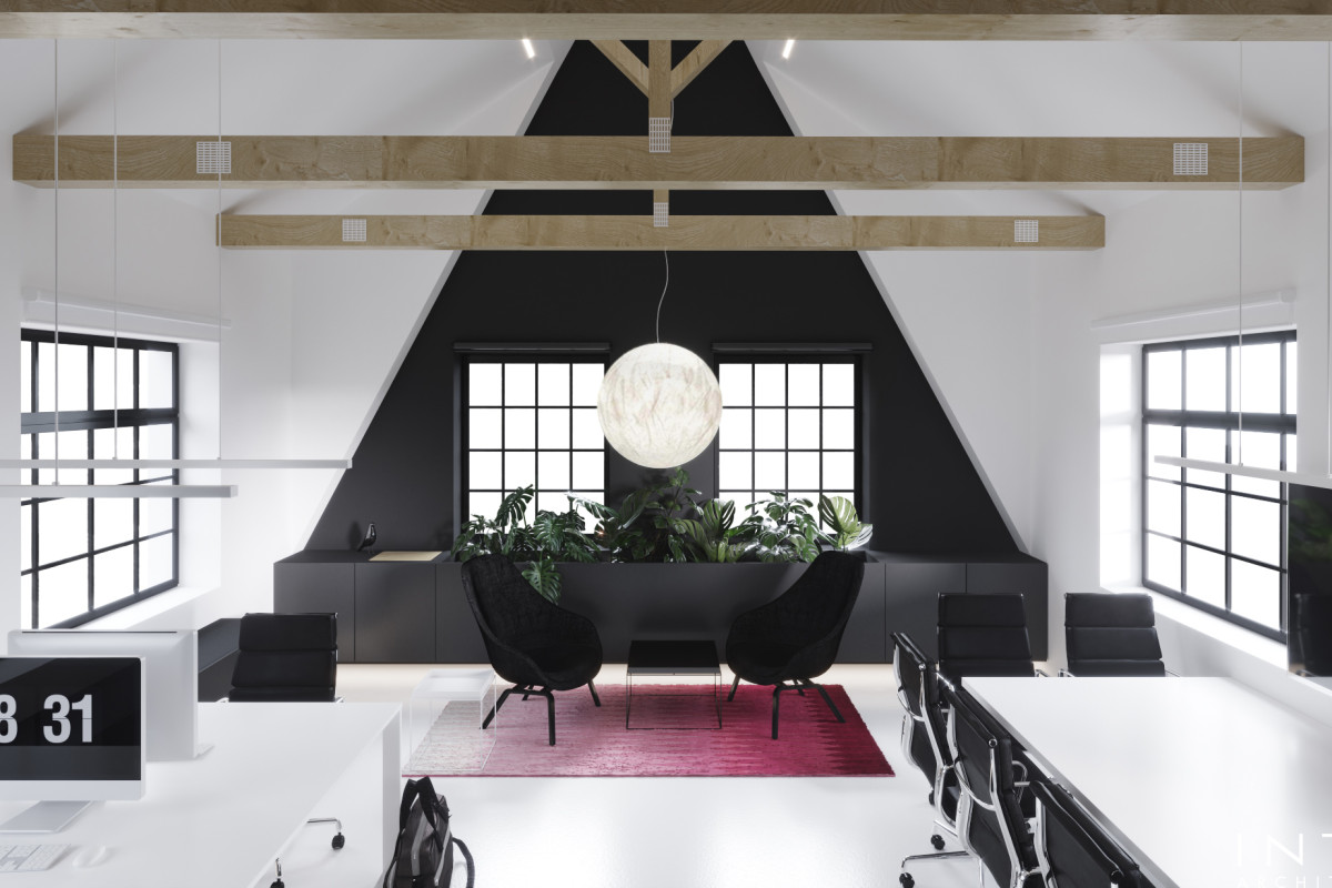 Projekt kameralnego biura z antresolą w Poznaniu – nowoczesne wnętrze 80 m²