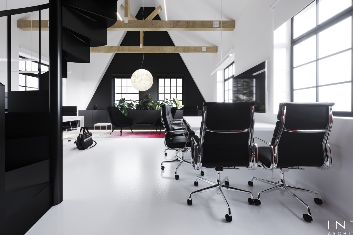 Projekt kameralnego biura z antresolą w Poznaniu – nowoczesne wnętrze 80 m²