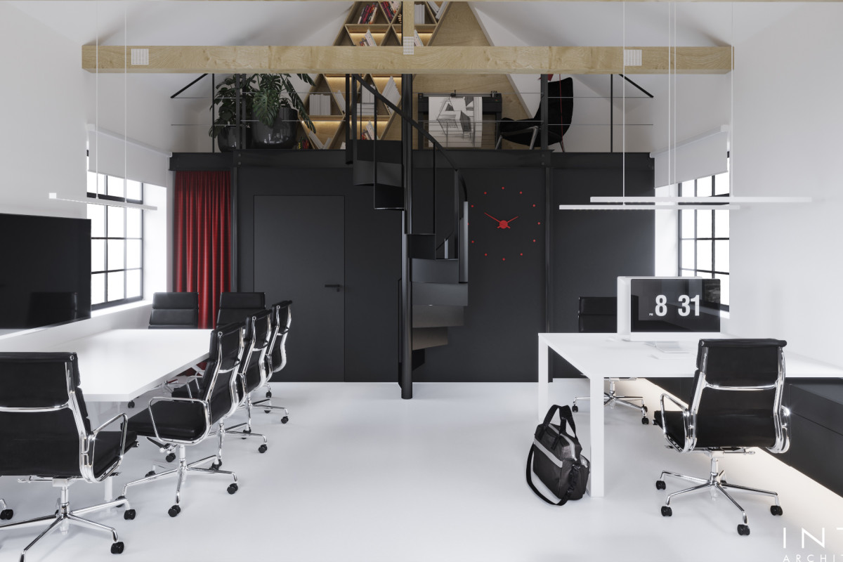 Projekt kameralnego biura z antresolą w Poznaniu – nowoczesne wnętrze 80 m²
