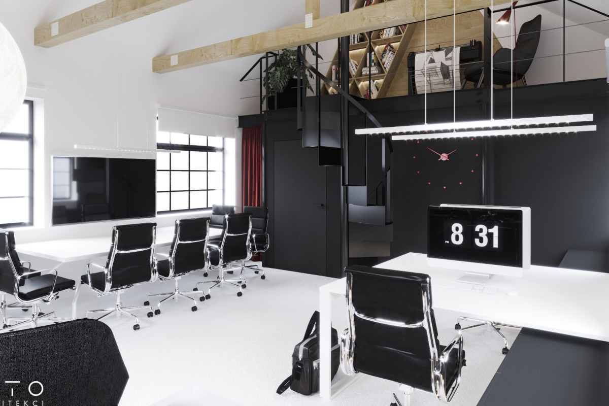 Projekt kameralnego biura z antresolą w Poznaniu – nowoczesne wnętrze 80 m²