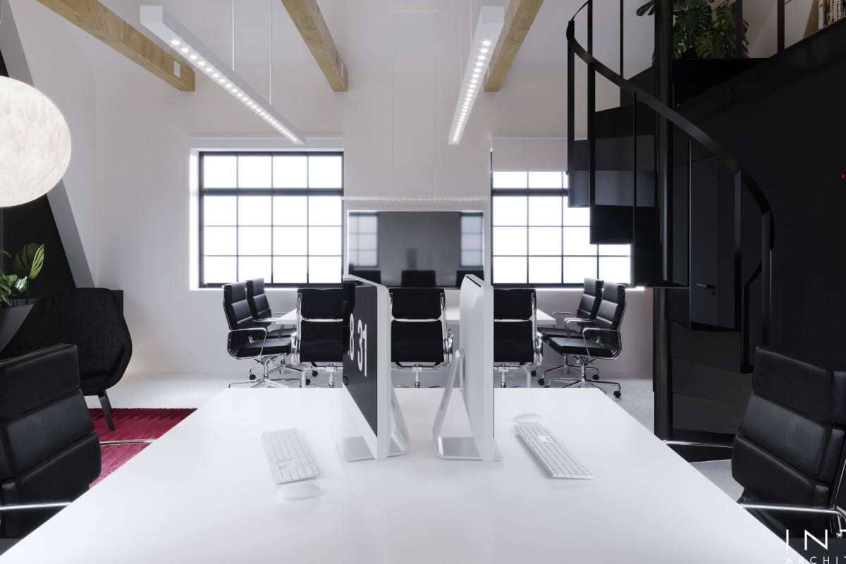 Projekt kameralnego biura z antresolą w Poznaniu – nowoczesne wnętrze 80 m²