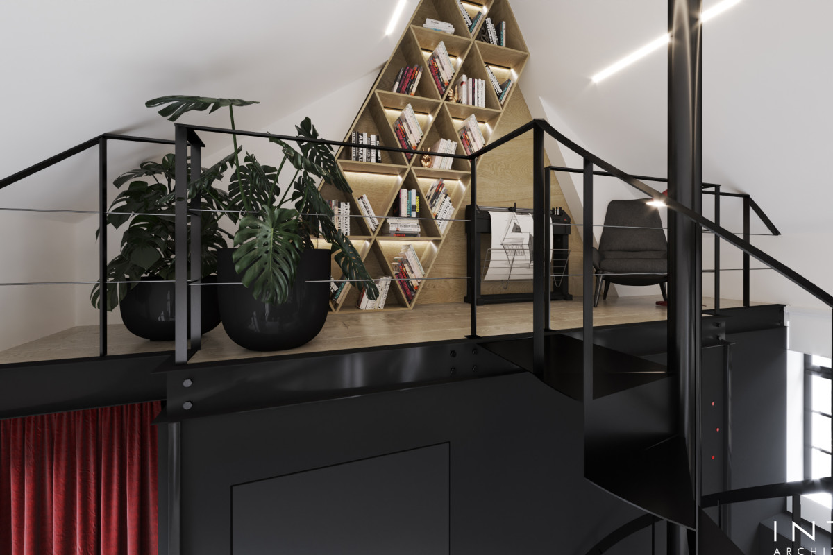 Projekt kameralnego biura z antresolą w Poznaniu – nowoczesne wnętrze 80 m²