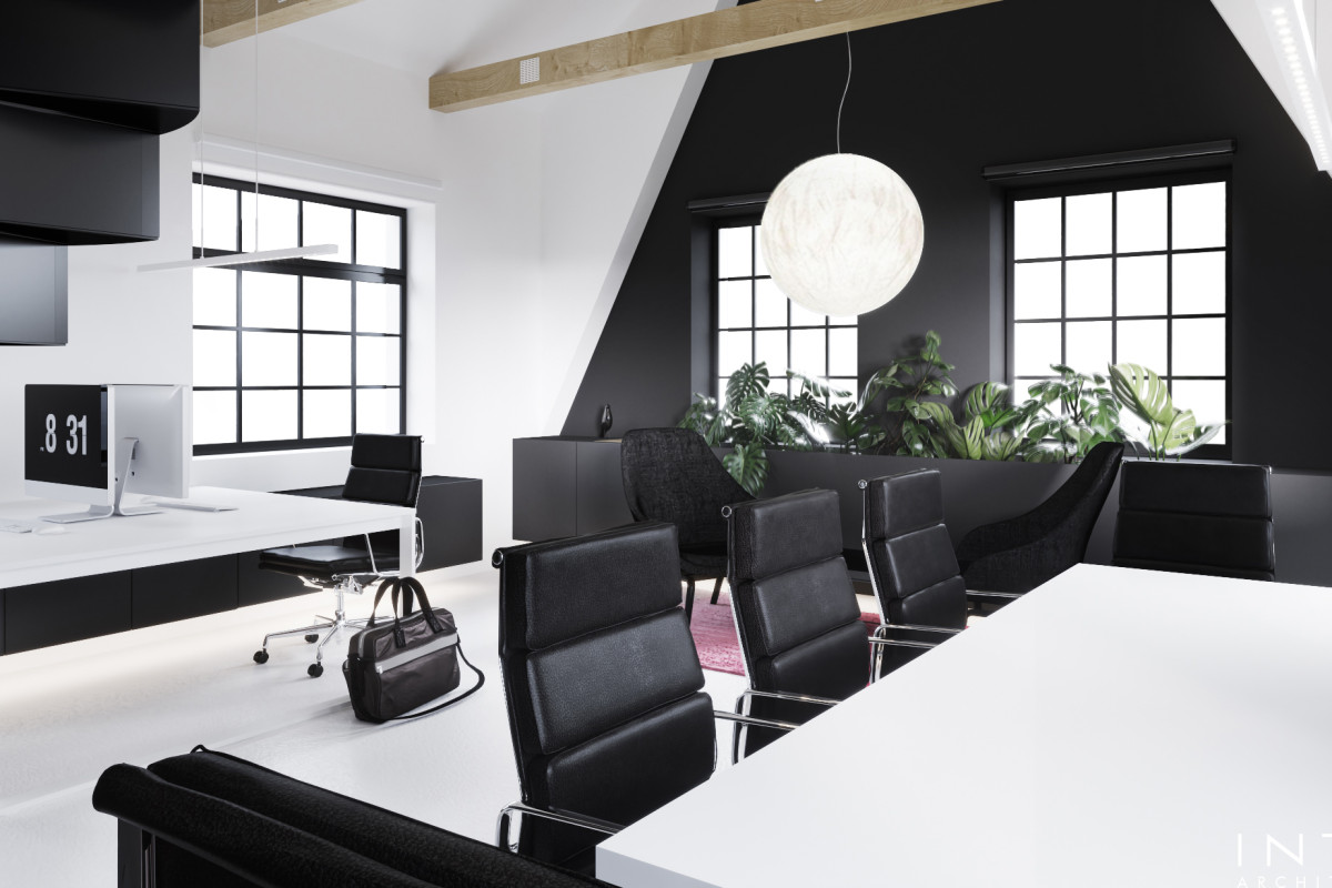 Projekt kameralnego biura z antresolą w Poznaniu – nowoczesne wnętrze 80 m²