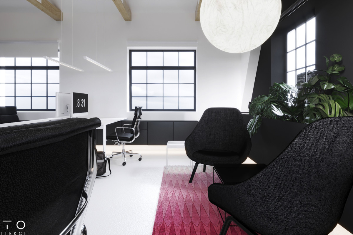 Projekt kameralnego biura z antresolą w Poznaniu – nowoczesne wnętrze 80 m²