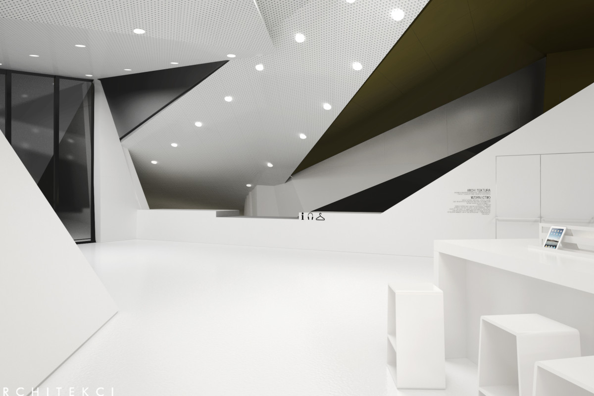 Minimalistyczna koncepcja centrum designu i przestrzeni wystawienniczej