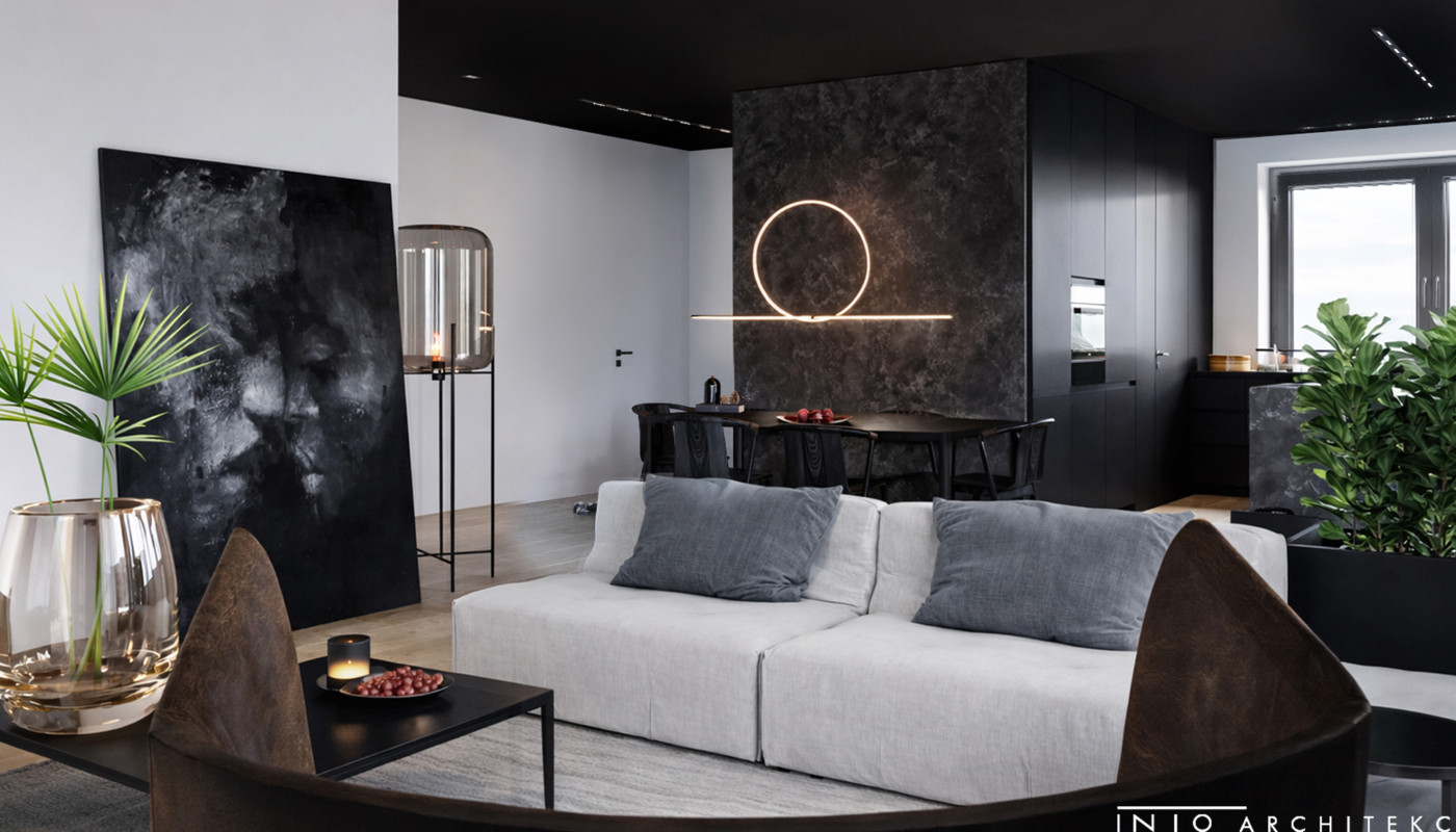 Wnętrza domu w Gdańsku z czarnym sufitem – nowoczesny projekt 360 m²